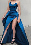 Sexy Sheath Halter Navy Blue Slit Long Prom Dresses HZ1022