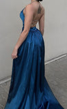 Sexy Sheath Halter Navy Blue Slit Long Prom Dresses HZ1022