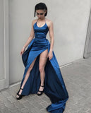 Sexy Sheath Halter Navy Blue Slit Long Prom Dresses HZ1022
