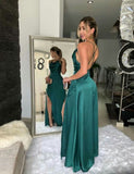 Sexy A line Straps Backless Silk Satin Long Dark Green Prom Dresses HZ1022