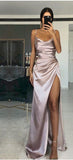 Sexy Sheath Halter Silk Satin Long Slit Pink Prom Dresses HZ1022