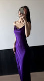 Sexy Sheath Straps Grape Silk Satin Long Prom Dresses HZ1022