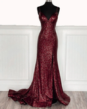 Mermaid Burgundy Sequin Floor Length Prom Dress 22th Birthday Outfit HZ1022