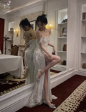 Mermaid Off The Shoulder Sequin Floor Length Prom Dress With Slit 21st Birthday Outfit HZ1022