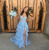 Cute A Line Off the Shoulder Blue Tulle Long Prom Dresses with Appliques HZ1022
