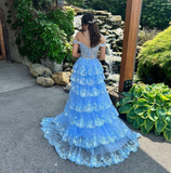 Tulle Appliques Tiered Ruffle Long Prom Dress with slit Birthday Outfit HZ1022
