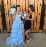 Cute A Line Off the Shoulder Blue Tulle Long Prom Dresses with Appliques HZ1022