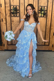 Cute A Line Off the Shoulder Blue Tulle Long Prom Dresses with Appliques HZ1022