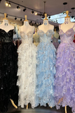 Tulle Appliques Tiered Ruffle Long Prom Dress with slit Birthday Outfit HZ1022