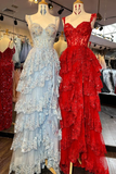 Tulle Appliques Tiered Ruffle Long Prom Dress with slit Birthday Outfit HZ1022