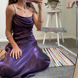 Simple A line Straps Sleeveless Dark Purple Satin Prom Dress HZ1022