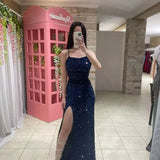 Glitter Sheath/Column Navy Blue Prom Dress with Split HZ1022