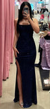 Glitter Sheath/Column Navy Blue Prom Dress with Split HZ1022