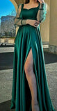 Simple A Line Long Sleeves Green Slit Prom Dress HZ1022