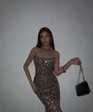 Simple Sheath Straps Long Sequin Gold Prom Dress HZ1022