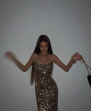 Simple Sheath Straps Long Sequin Gold Prom Dress HZ1022