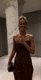 Simple Sheath Straps Long Sequin Burgundy Prom Dress HZ1022