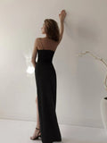 Simple Sheath Straps Long Black Slit Prom Dress HZ1022