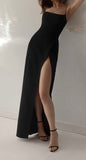 Simple Sheath Straps Long Black Slit Prom Dress HZ1022