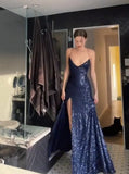Simple Sheath Straps Long Navy Blue Slit Sequin Prom Dress HZ1022