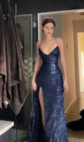 Simple Sheath Straps Long Navy Blue Slit Sequin Prom Dress HZ1022