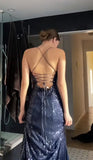 Simple Sheath Straps Long Navy Blue Slit Sequin Prom Dress HZ1022