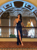 Modest Mermaid Straps Long Navy Blue Slit Satin Prom Dress HZ1022