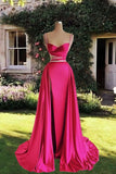 Modest Mermaid Straps Long Hot Pink Slit Satin Prom Dress HZ1022