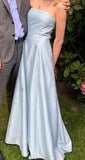 Modest A Line Strapless Long Light Sky Blue Satin Prom Dress HZ1022