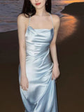 Modest A Line Strapless Light Sky Blue Backless Prom Dress HZ1022