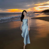 Modest A Line Strapless Light Sky Blue Backless Prom Dress HZ1022
