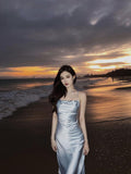 Modest A Line Strapless Light Sky Blue Backless Prom Dress HZ1022