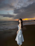 Modest A Line Strapless Light Sky Blue Backless Prom Dress HZ1022