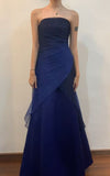 Vintage A line Strapless Navy Blue Long Prom Dress HZ1022