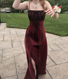 Vintage A line Straps Dark Burgundy Long Prom Dress HZ1022
