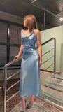 Modest Sheath Straps Light Sky Blue Backless Prom Dress HZ1022