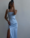 Modest Sheath Straps Light Sky Blue Slit Prom Dress HZ1022