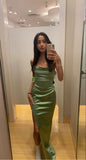 Simple Mermaid Straps Sage Green Slit Long Prom Dress HZ1022