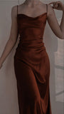 Simple Mermaid Spaghetti Straps Rust Red Long Prom Dress HZ1022