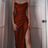 Simple Mermaid Long Rust Red Slit Prom Dress HZ1022