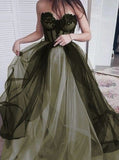 Vintage A Line Sweetheart Tulle Long Green Prom Dress HZ1022