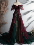 Vintage A Line Off The Shoulder Tulle Burgundy Prom Dress HZ1022