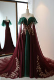 Vintage A Line High Neckline Tulle Burgundy Prom Dress HZ1022
