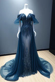 Vintage A Line Off The Shoulder Tulle Navy Blue Prom Dress HZ1022