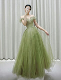 Vintage A Line Off The Shoulder Tulle Sage Green Prom Dress HZ1022