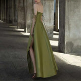 Simple A Line Straps Dark Green Satin Prom Dress HZ1022