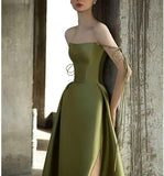Simple A Line Straps Dark Green Satin Prom Dress HZ1022