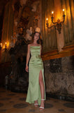 Simple A Line Straps Sage Green Slit Prom Dress HZ1022