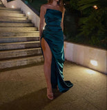 Simple A Line Strapless Teal Blue Slit Prom Dress HZ1022