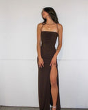 Sexy Sheath Straps Floor Length Brown Prom Dresses HZ1022